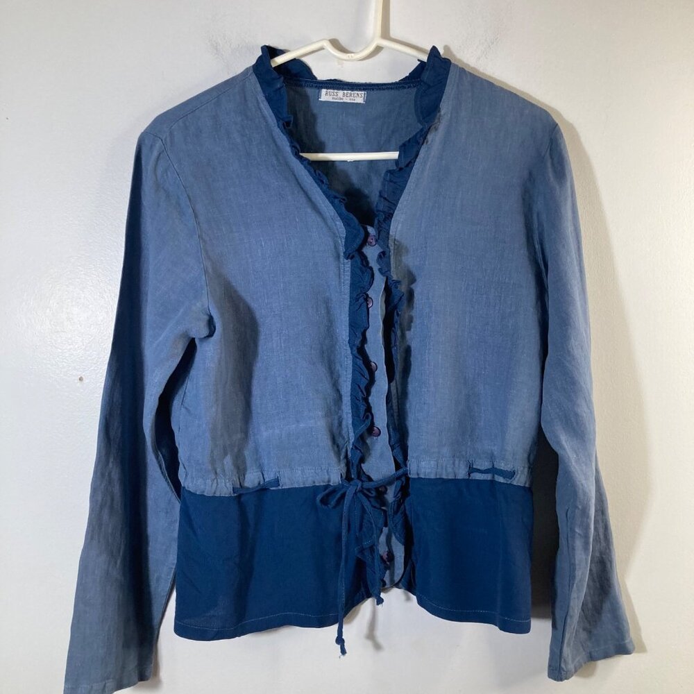 Womens Russ Berens Ruffle Linen Button Shirt‎ Long Sleeve 2 Toned Blue S Linen